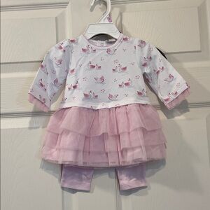 Adorable Kissy Kissy Swan Heart Print Baby Dress with Tulle Skirt & Leggings NWT
